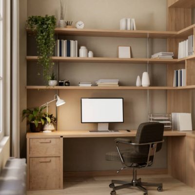 The interior design of a cozy, contemporary home office or private workspace features a computer with a mockup screen, a table lamp, houseplants, and books on a shelf. 3d render, 3d illustration